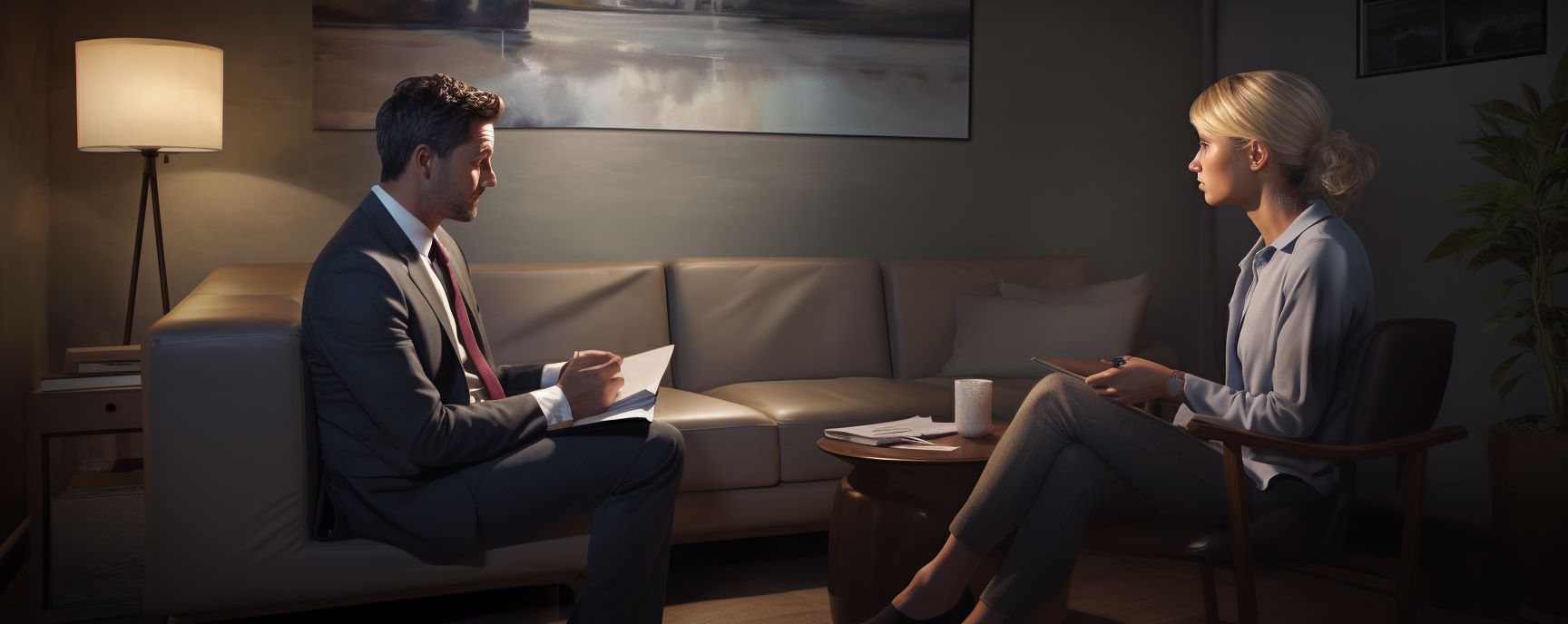 Business meeting in dimly lit modern office